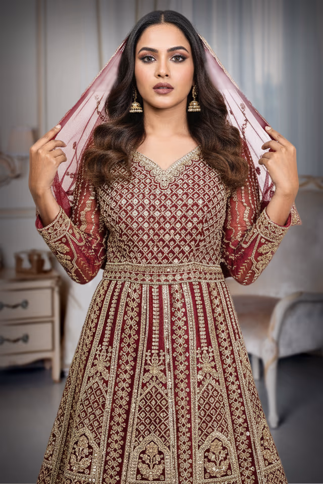 Burgundy Embroidered and Beads work Elegant  Arabic Lehenga  with Dupatta — rent in Kochi