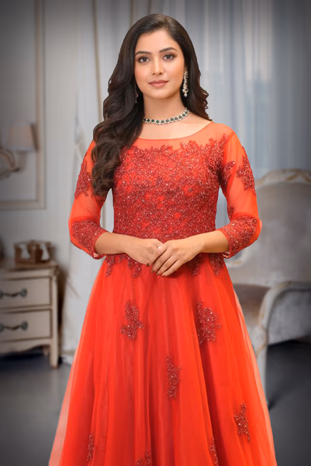 Carlet Red Net Gown with Bead Embroidery — rent in Kochi