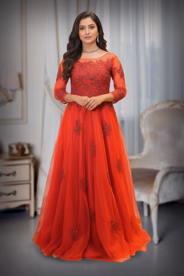 Carlet Red Net Gown with Bead Embroidery — back view, rent in Kochi