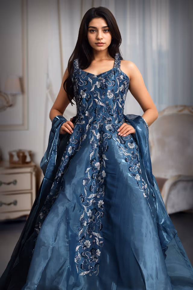 Cerulean Blue Ball Gown With Exquisite Threadwork Details Along With Same Color Veil — rent in Kochi