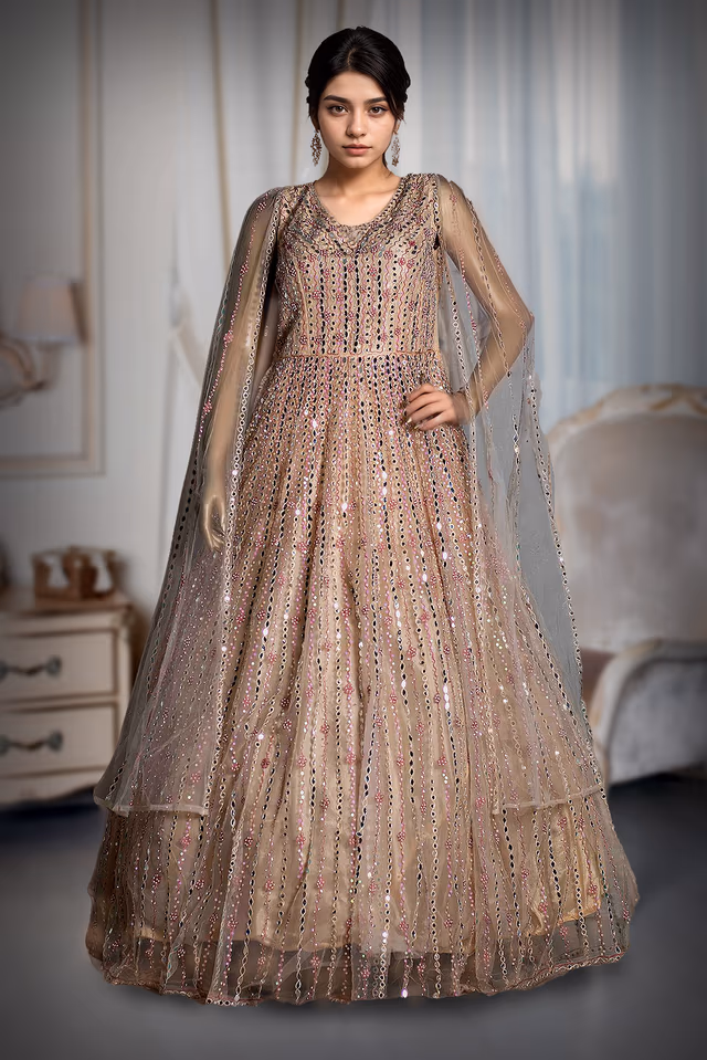 Champagne Gold Sequin Stream Net Gown – Multicolor Embellished Vertical Linework Design — back view, rent in Coimbatore