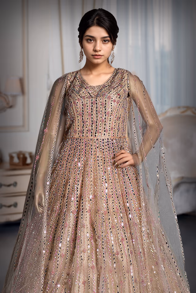 Champagne Gold Sequin Stream Net Gown – Multicolor Embellished Vertical Linework Design — rent in Coimbatore