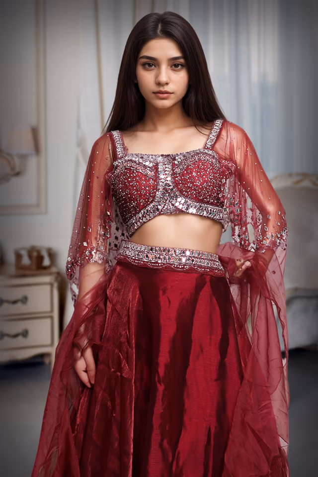 Cherry Red Pre Wedding Lehenga With Exquisite Stoneworked Crop Top Along With Same Color Dupatta — rent in Kochi