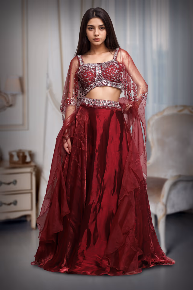 Cherry Red Pre Wedding Lehenga With Exquisite Stoneworked Crop Top Along With Same Color Dupatta — back view, rent in Kochi