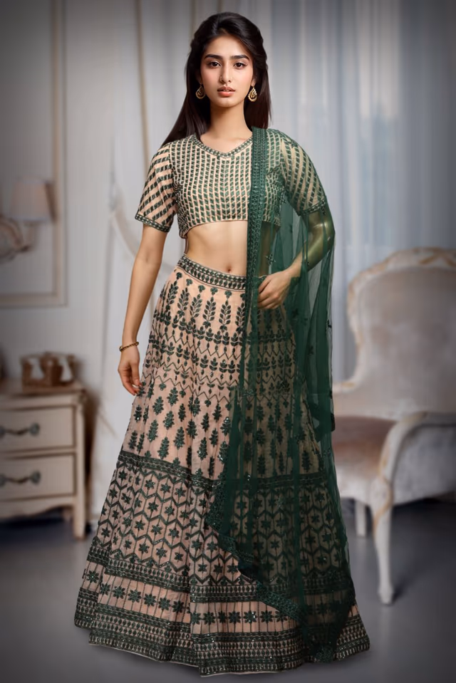 Chikoo And Green Threadworked Minimal Lehenga With Green Blouse And Dupatta — back view, rent in Coimbatore