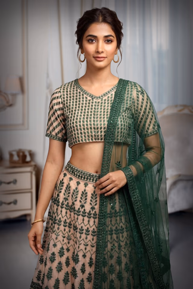 Chikoo And Green Threadworked Minimal Lehenga With Green Blouse And Dupatta — rent in Coimbatore