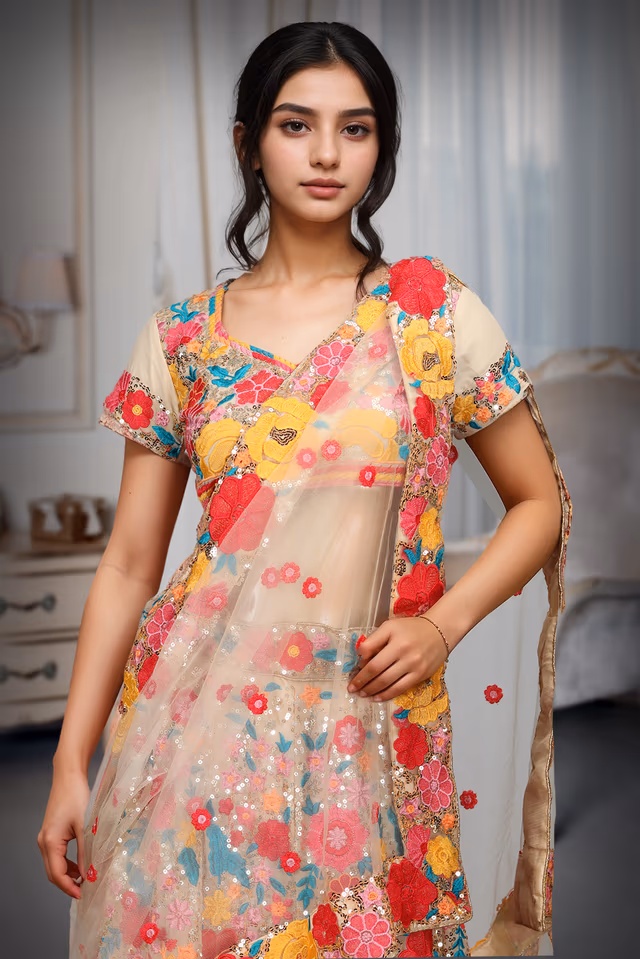 Chikoo Multicolour Threadwork Floral Lehenga — rent in Coimbatore