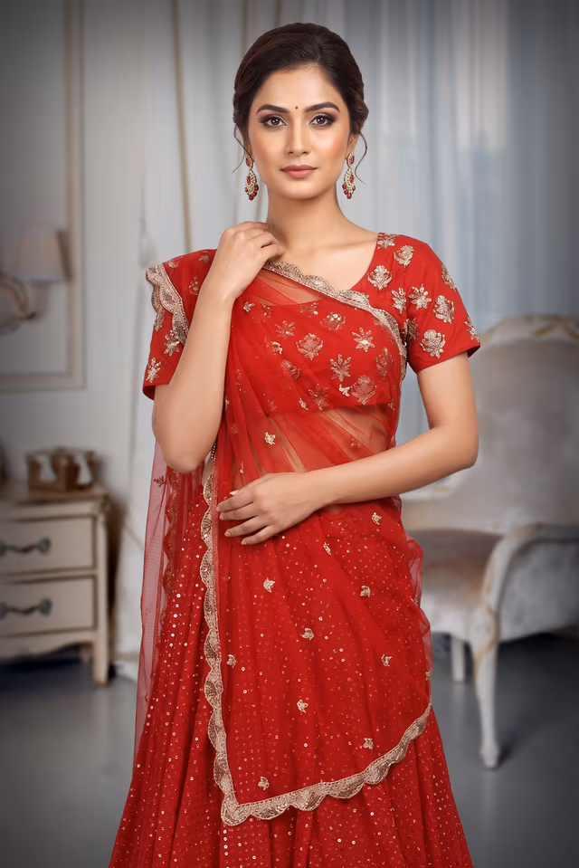 Chilli Red Minimal Lehenga With Sequin Work Along With Heavy Worked Blouse And Dupatta — rent in Coimbatore