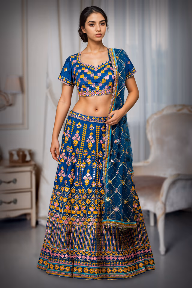 Cobalt Blue Heavy Worked Lehenga With Contrast Colour Threadwork Details And Same colour… — back view, rent in Bangalore