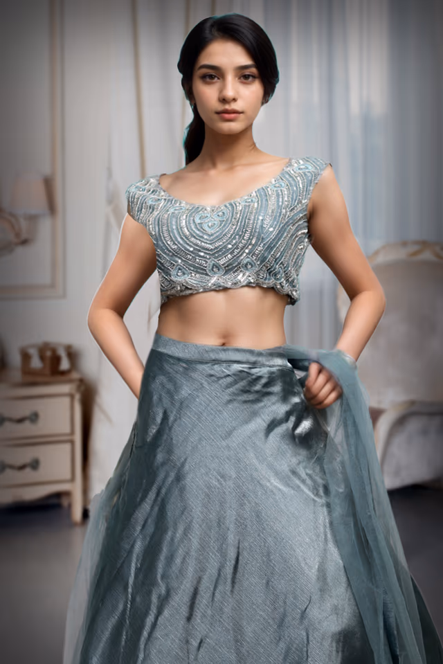 Cold Steel Blue Pre Wedding Lehenga With Exquisite Stoneworked Crop Top Along With Same Color Dupatta — rent in Kochi