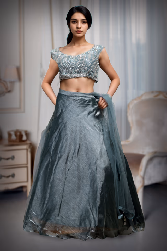 Cold Steel Blue Pre Wedding Lehenga With Exquisite Stoneworked Crop Top Along With Same Color… — back view, rent in Kochi