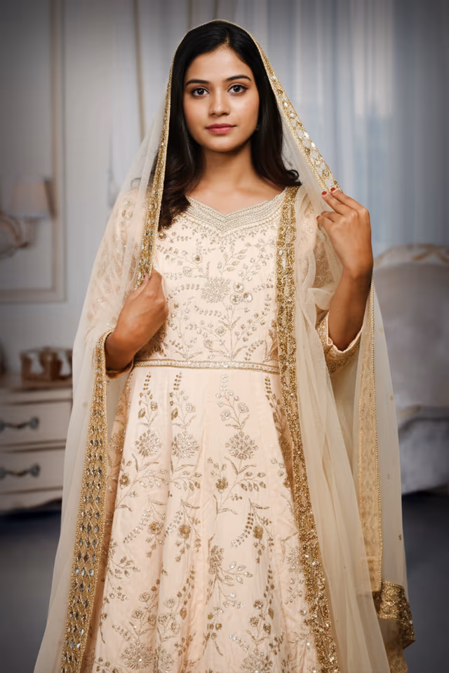 Cream Pre Wedding Gown With Thread And Sequins Embroidery All Over The Gown — rent in Calicut