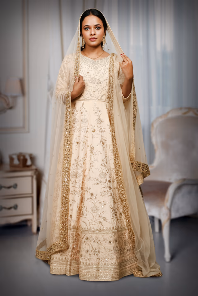 Cream Pre Wedding Gown With Thread And Sequins Embroidery All Over The Gown — back view, rent in Calicut