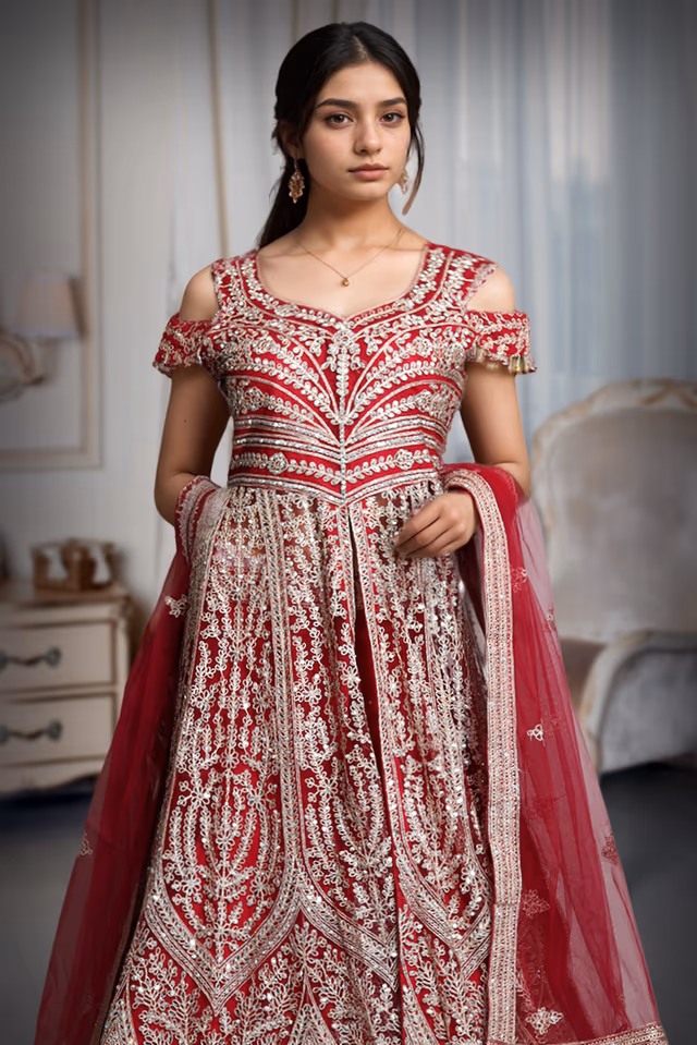 Crimson Royale Heavy Embroidered Anarkali Gown — rent in Coimbatore