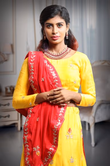 Cut Beads Handworked Yellow Lehenga Skirt With Minimal Design Blouse And Handworked Red Dupatta — rent in Coimbatore