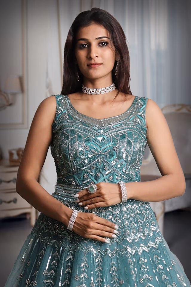 Cyan Blue Colour Sleeveless Gown With Stone Work Detailing On Yoke And Same Colour Dupatta — view 1 of 5