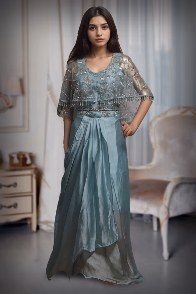 Cyan Blue Draped Indowestern With Stone Work Cape Details — back view, rent in Kochi