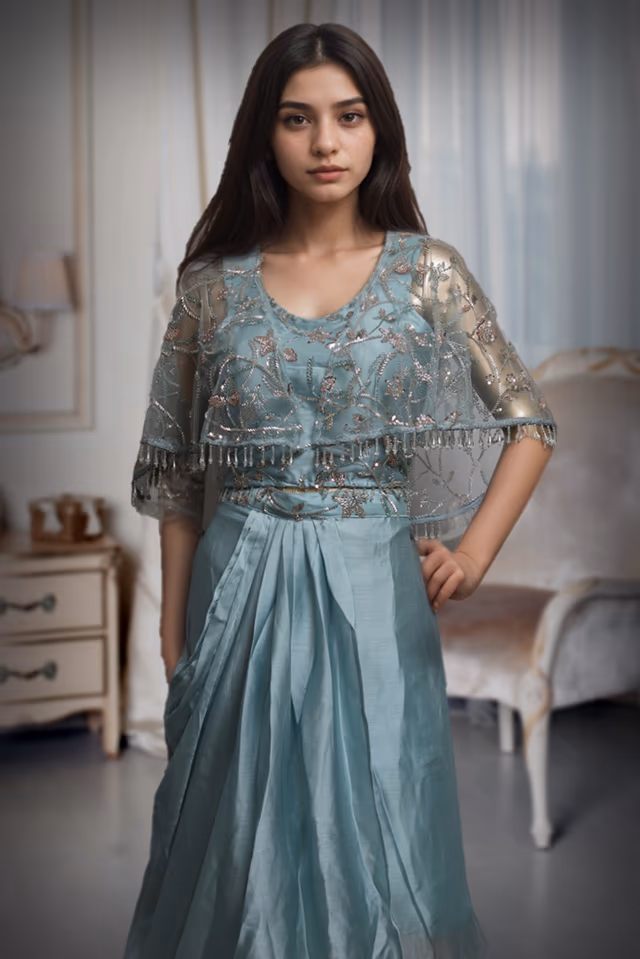 Cyan Blue Draped Indowestern With Stone Work Cape Details — rent in Kochi