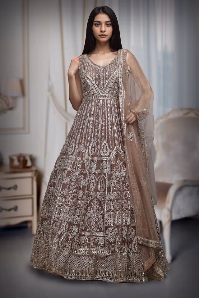 Dark Beige Pre Wedding Lehenga With Intricate Stone Work Details Along With Same Color… — back view, rent in Coimbatore