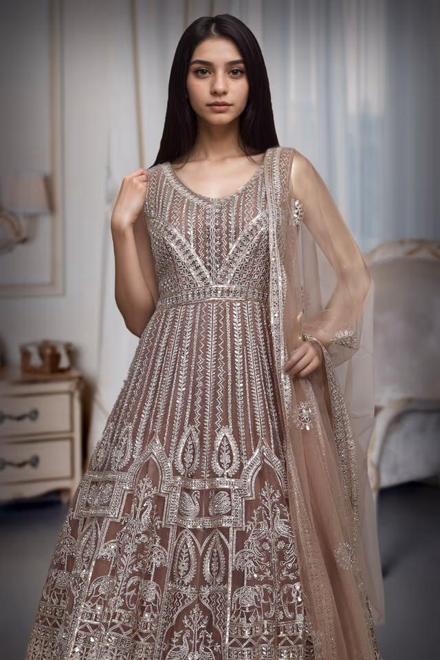 Dark Beige Pre Wedding Lehenga With Intricate Stone Work Details Along With Same Color Dupatta — rent in Coimbatore