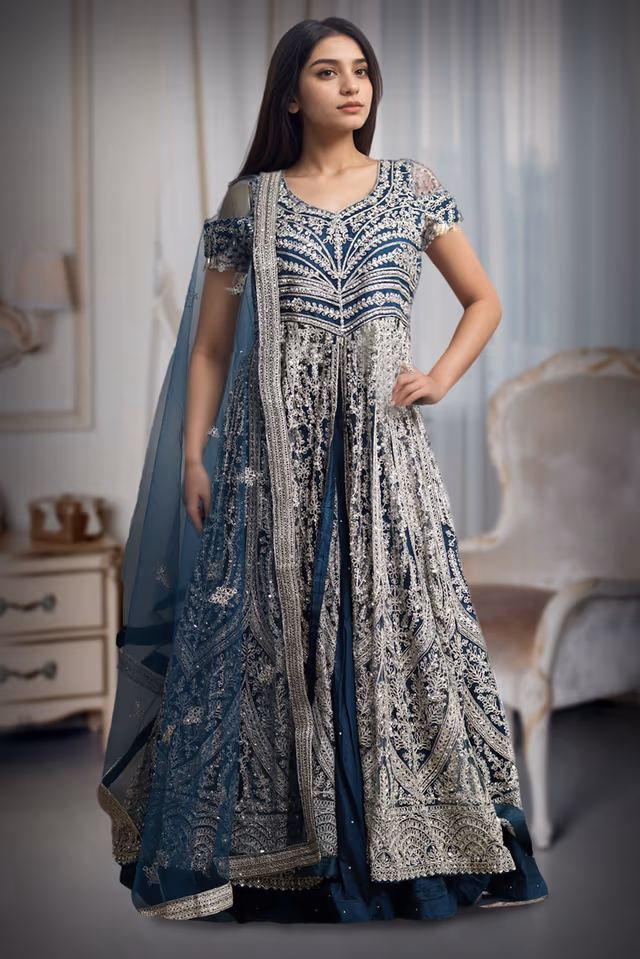 Dark Blue Cold Shoulder Anarkali Lehenga With Same Color Dupatta — back view, rent in Coimbatore