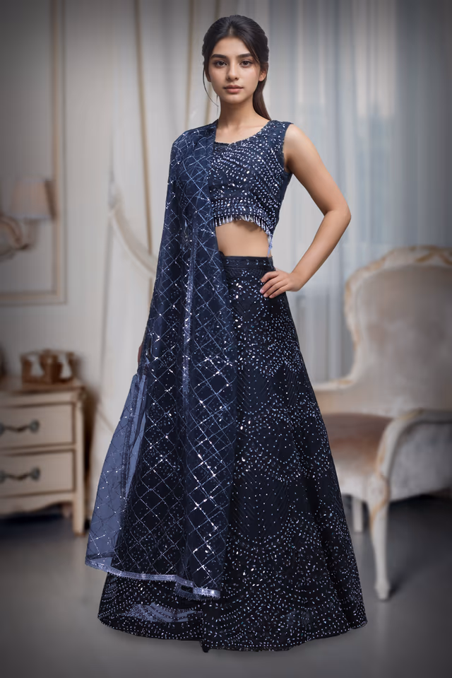 Dark Blue Net Lehenga With Threadwork And Stone Work Details And Same Colour Dupatta — back view, rent in Coimbatore