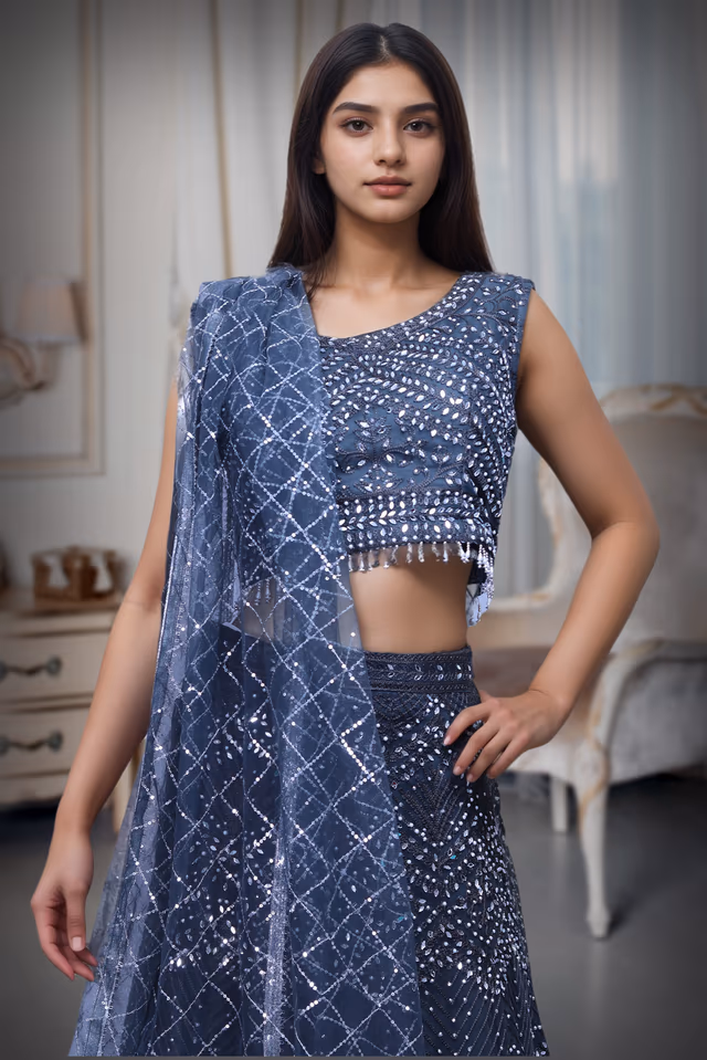 Dark Blue Net Lehenga With Threadwork And Stone Work Details And Same Colour Dupatta — rent in Coimbatore
