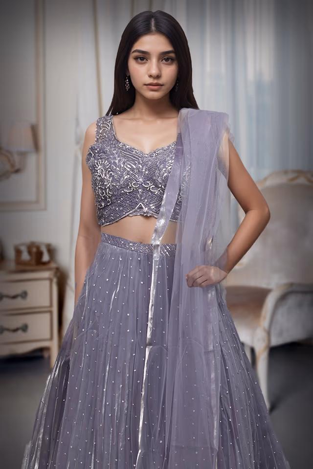 Dark Lavender Pre Wedding Lehenga With Uniform Stone Worked Skirt, Exquisite Stoneworked Crop… — back view, rent in Kochi