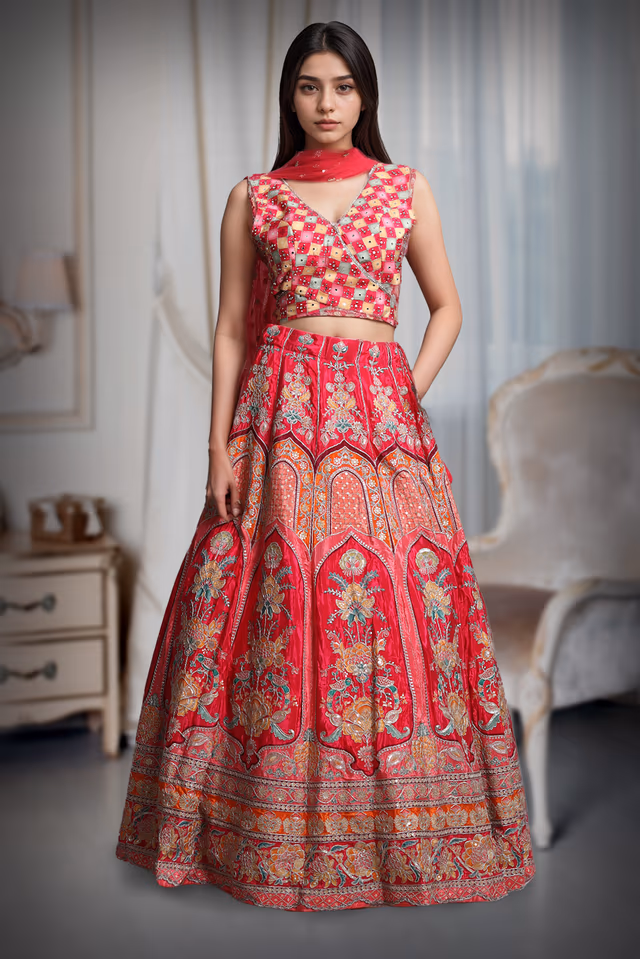 Dark Majentha Lehenga With Multi Color Embellishments Detail In Skirt Part Along With Crop Top… — back view, rent in Kochi