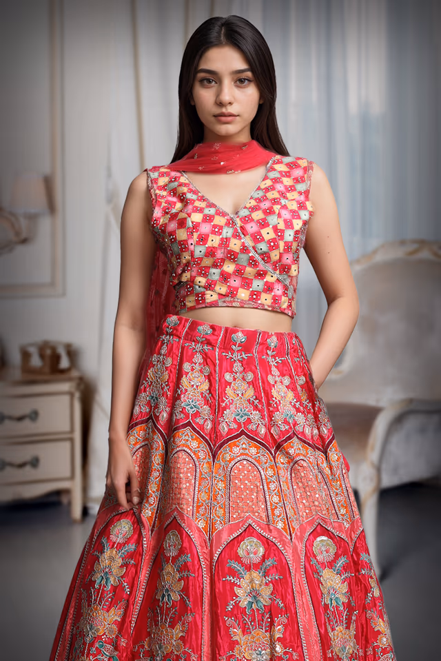 Dark Majentha Lehenga With Multi Color Embellishments Detail In Skirt Part Along With Crop Top And Same… — rent in Kochi