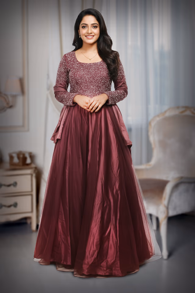 Dark Mauve Pre Wedding Gown With Thread And Sequins Embroidery All Over The Gown — back view, rent in Calicut
