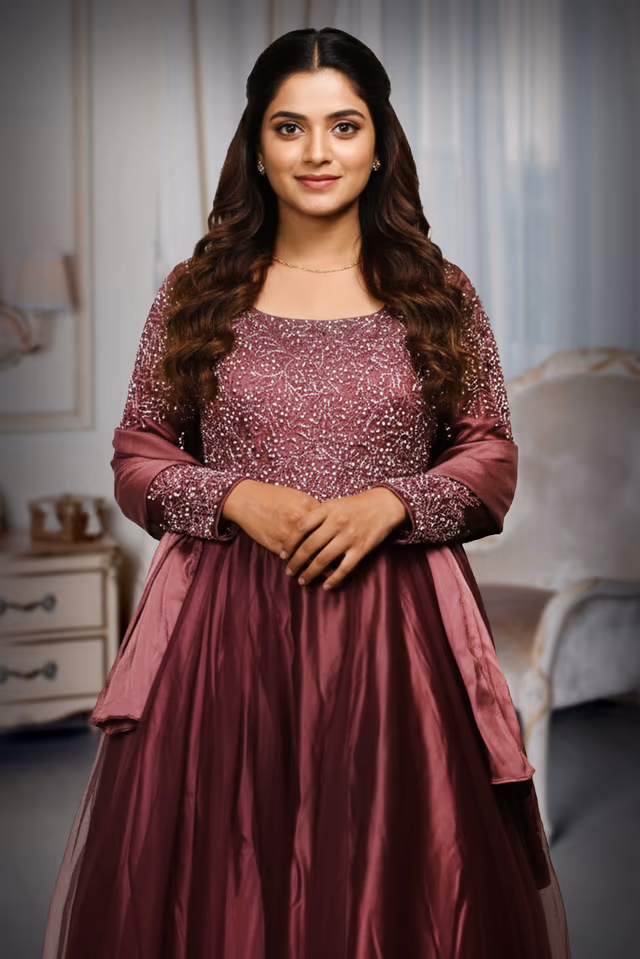 Dark Mauve Pre Wedding Gown With Thread And Sequins Embroidery All Over The Gown — rent in Calicut