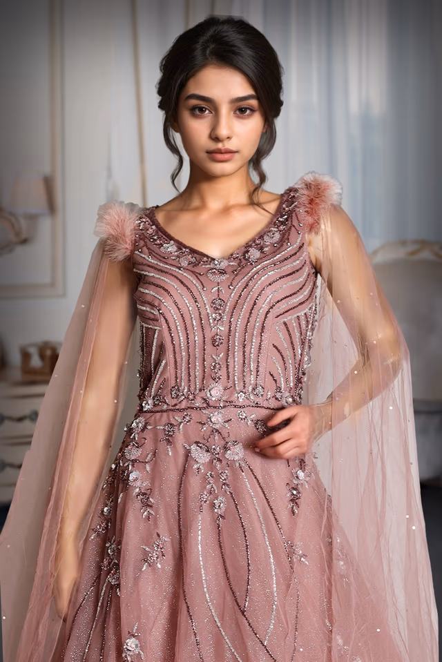 Dark Mauve Heavy Net Gown With Heavy Handwork Details And Shoulder Embellished With Feathers — rent in Coimbatore