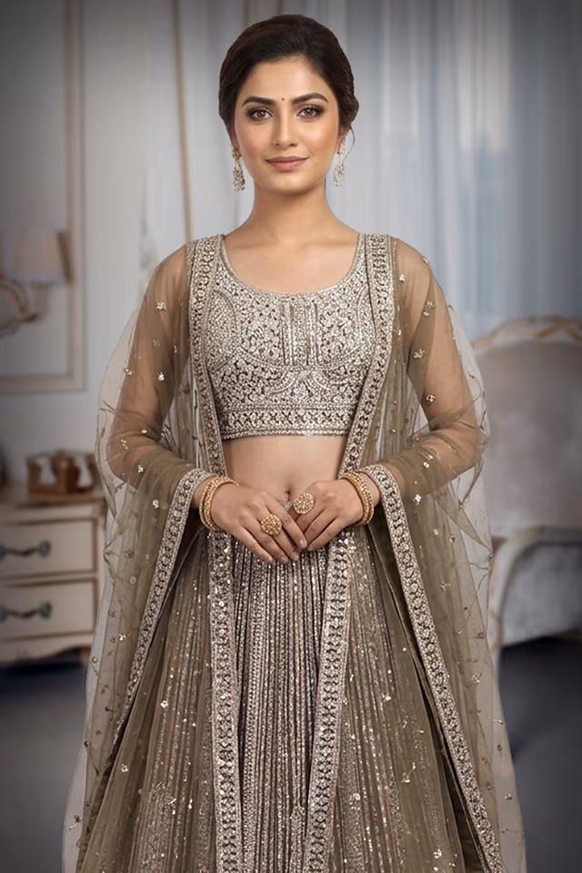 Dark Olive Green Pre Wedding Lehenga With Intricate Stone Work Details Along With Same Color Dupatta — rent in Kochi
