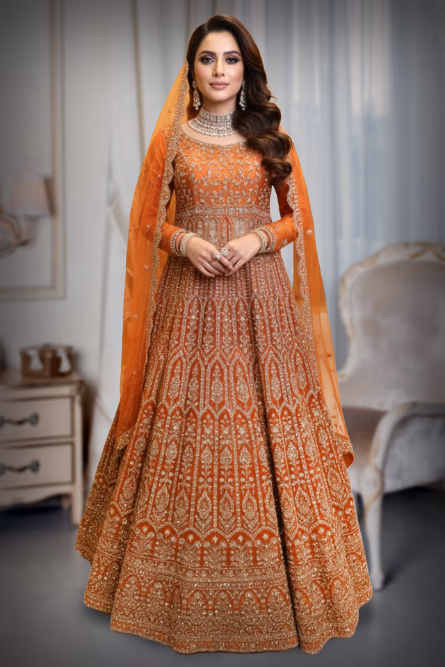 Dark Orange Anarkali Features Intricate Sequin Embellishments Detailed Embroidery And A… — back view, rent in Calicut