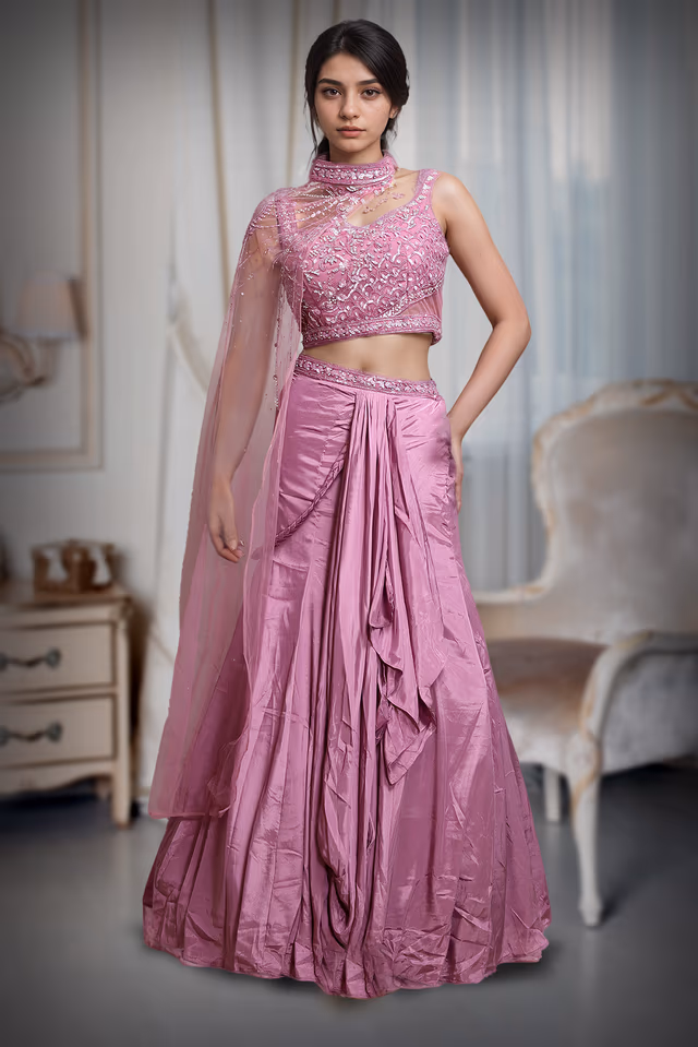 Dark Pink Indowestern Draped Skirt With Crop Top And Single Side Cape — back view, rent in Kochi