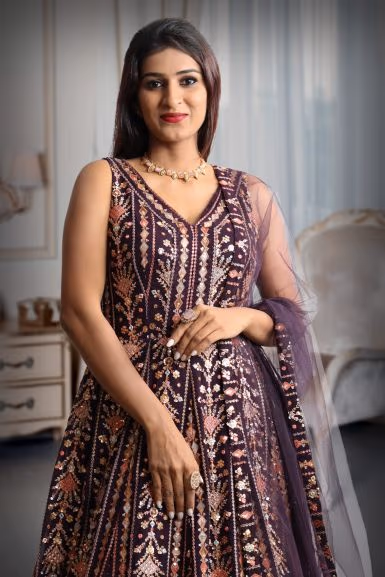 Dark Purple Color Heavy Contrast Threadwork Georgette Gown — rent in Coimbatore