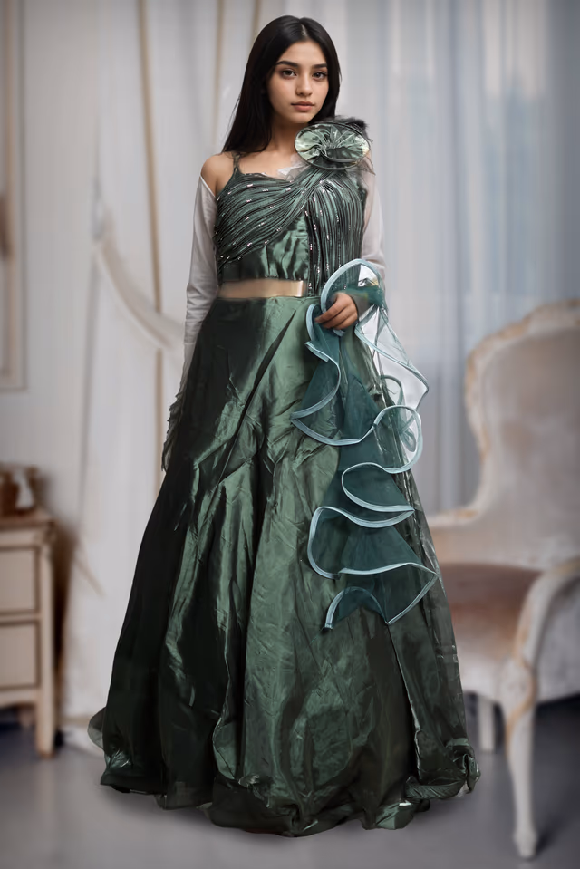 Dark Sage Green Frilled Gown With Stone Worked Yoke Along With Frilled Dupatta — back view, rent in Coimbatore