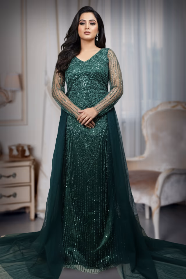 Deep Emerald Green Heavily Embellished Gown with Full Sleeves and Over-Skirt Detail — back view, rent in Kochi