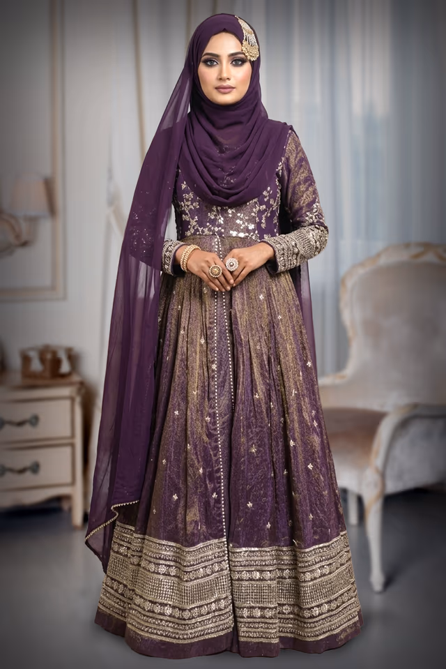 Stunning Deep Purple Silk Anarkali Gown Boasting Delicate Floral Zari Work And A Contrasting… — back view, rent in Calicut