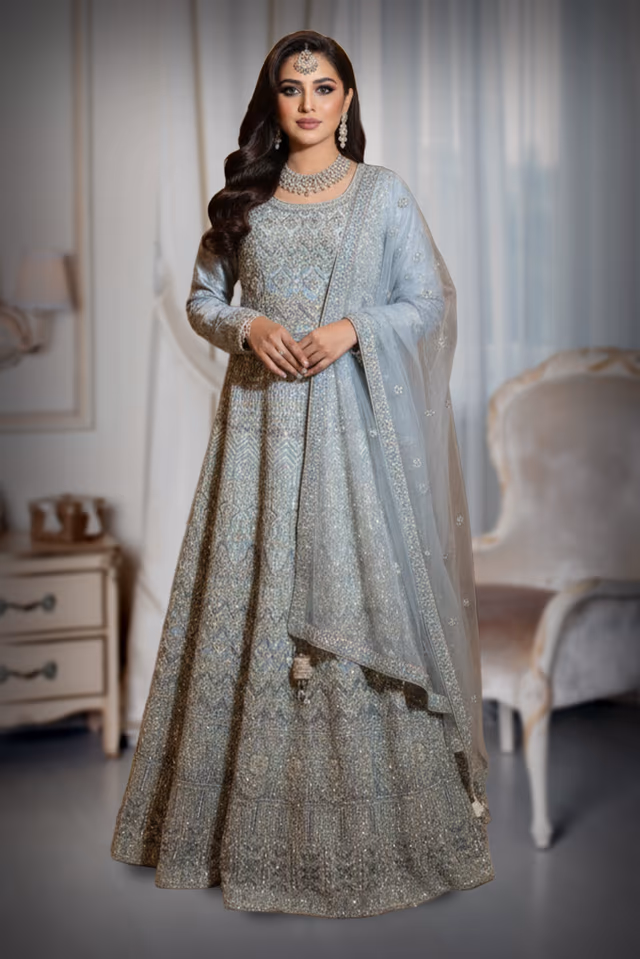 Elegant Grey Designer Gown Featuring Intricate All-Over Sequined Patterns And Matching Net… — back view, rent in Calicut