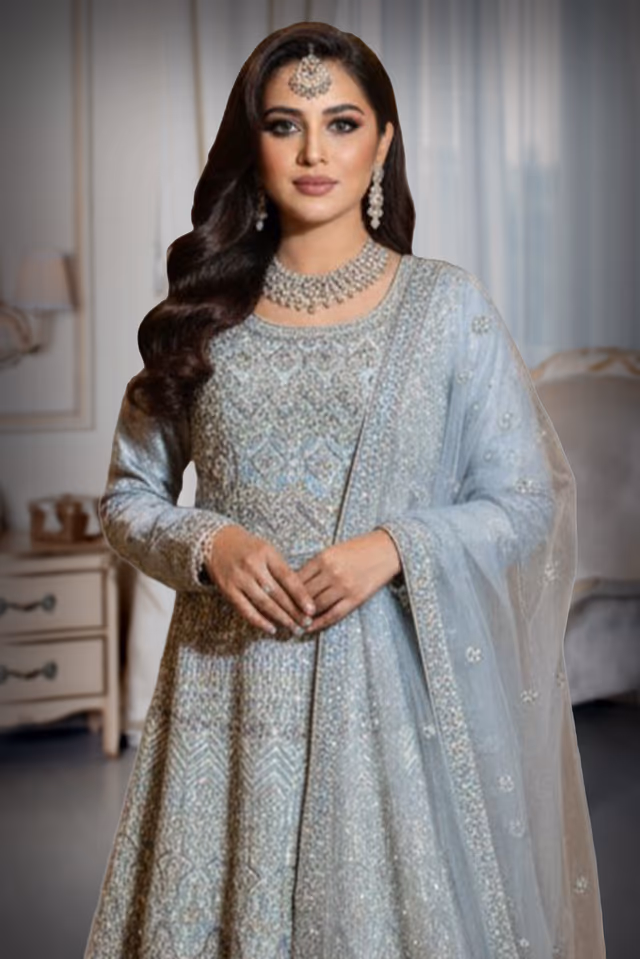 Elegant Grey Designer Gown Featuring Intricate All-Over Sequined Patterns And Matching Net Dupatta For A… — rent in Calicut