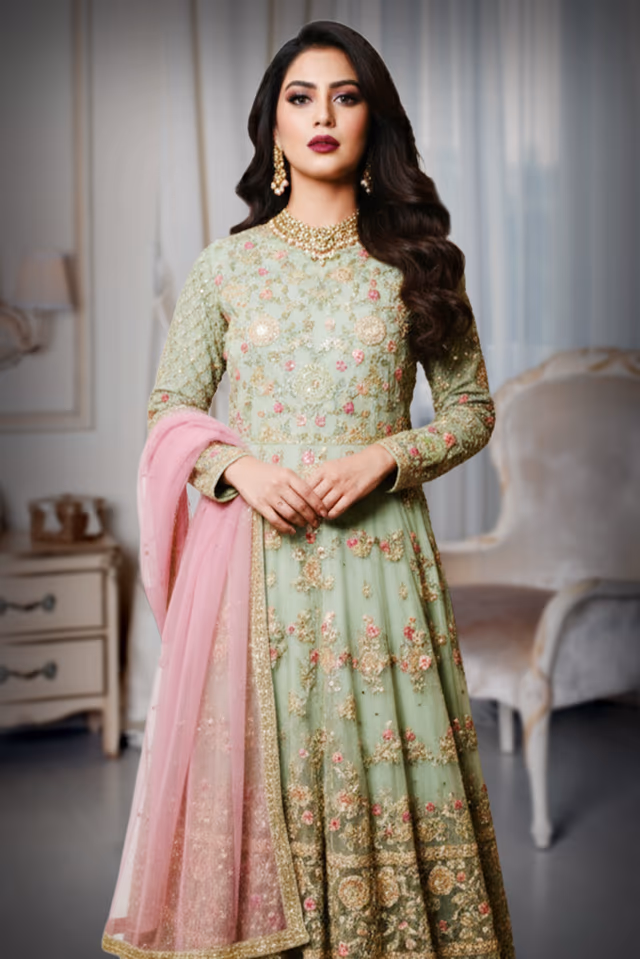 Designer Light Green Outfit Features A Unique Silhouette And Dazzling Embellishments — rent in Calicut