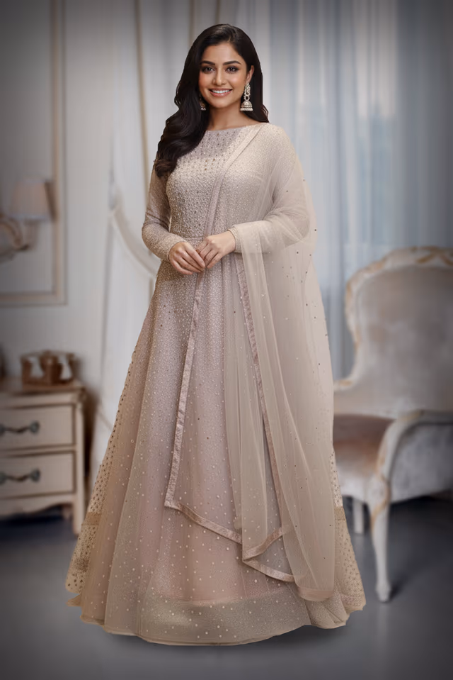 Dusty Grey floor length gown with pearl and stone work — rent in Kochi