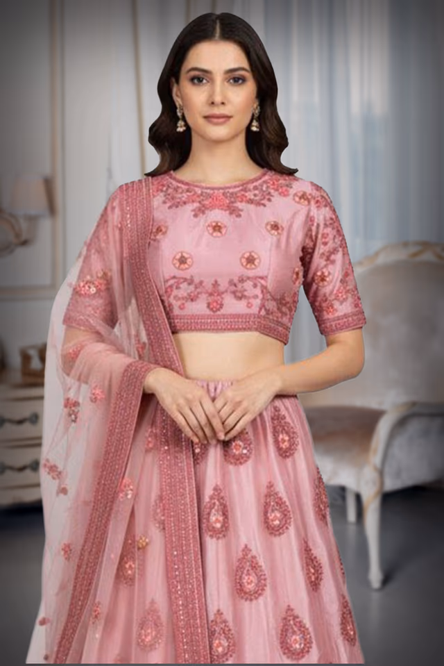 Dusty Rose Pink Embroidered Net Lehenga Choli with Dupatta — rent in Coimbatore