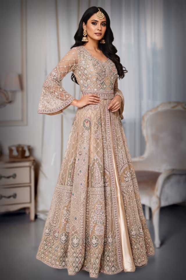Embroidered peacock motif sharara — back view, rent in Bangalore
