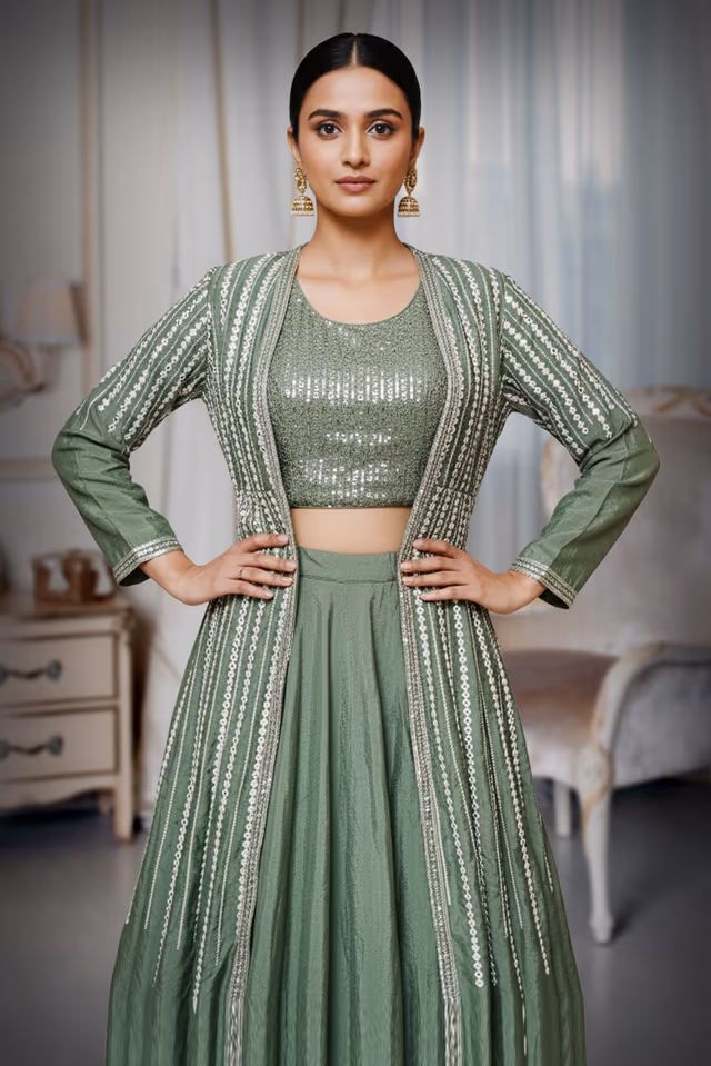 Georgette swap green sequin work — rent in Bangalore