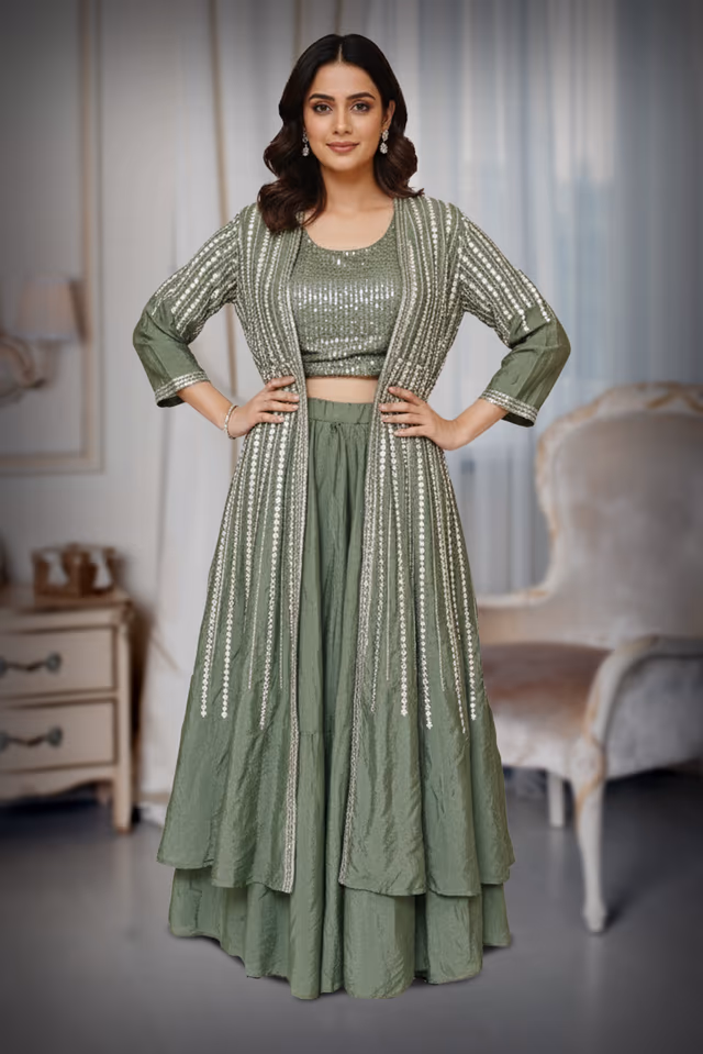 Georgette swap green sequin work — back view, rent in Bangalore