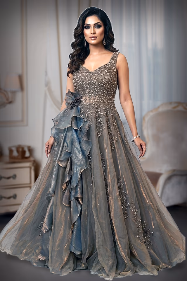 Glass gloss fabric and netted with stone work  in champine gold — back view, rent in Bangalore