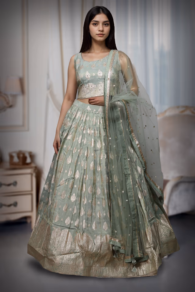 Golden In Pastel Green Zari Threadwork Detailed Minimal Pre Wedding Lehenga — back view, rent in Kochi